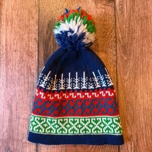 Vintage Wigwam Mills Wool Knit Pom Beanie Hat Made in USA Nordic Fair Isle Cap